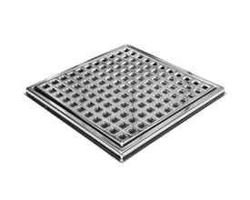 Firkantet gulvrist med ramme i rustfri stål AISI 304, udvendigt mål 230 mm og rammens højde 10 mm.