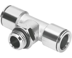 Festo T-forskruning NPQM-T-G14-Q10-P10 med push-in tilslutning og G1/4 gevind i blank metal på hvid baggrund.