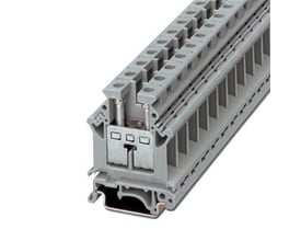 Detaljeret vinkel af Phoenix Contact gennemgangsklemme UK 16 N, der fremhæver skrueterminalerne og den grå plastkonstruktion.