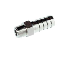 Nærbillede af Flowconcept slangestuds i forniklet messing, viser 6mm slangestuds og 1/2" BSPP gevind på en lys baggrund.