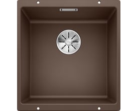 Blanco SUBLINE 400-U køkkenvask i kaffebrun silgranit, vist ovenfra med detaljer om InFino afløb og InFino afbryder.