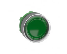 Top view af Schneider Electric grønt lampetrykhoved med sølvfarvet kant og sort bagmontering, præsenteret på hvid baggrund.