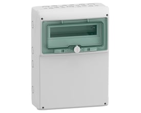 Schneider Electric Kaedra kapsling, hvid, 1x13 moduler, uden åbninger, med grøn transparent låge og lås.