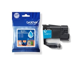 Brother LC521C cyan blækpatron med blå emballage; patronen ses ved siden af pakken.