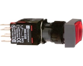 Schneider Electric rød rektangulær trykknap Ø16 mm, model XB6DW4B5B med synlige terminaler og mærkninger.