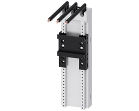 Siemens 8US2 busbarsystemadapter, 3-polet og 32 A, med tre sorte forbindelsesledninger med kobberender, monteret på skinner.
