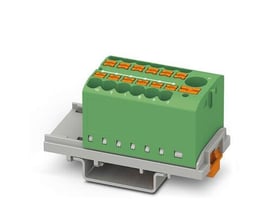 Phoenix Contact Ptfix 6/12X2,5-NS35 GN fastfordelingsblok i grøn med orange klemmer og NS35 DIN-skinne montering.