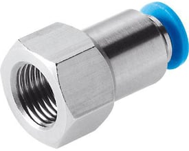 Festo lige forskruning QSF-1/4-10-B i metal med hungevind og blå push-in tilslutning, vist isoleret på hvid baggrund.