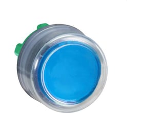 Schneider Electric ZB5AP6 trykknap i blå med silikonekappe, 22mm diameter, vist forfra mod hvid baggrund.