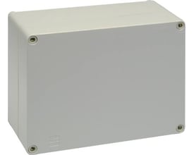 Schneider Electric PVC industriboks, 170x135x107 mm, RAL 7035 grå med gråt låg og fire monteringshuller.