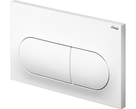 Sidevisning af Viega Visign for Life 6 betjeningsplade i hvid, der viser dens profil og den let buede form på de to trykknapper.