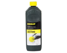 Borup kemisk ren acetone flaske med gul prop og et sort label med hvid skrift, viser en hånd der tørrer en rund plet væk.