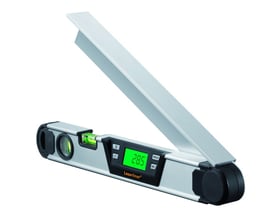 Digital vinkelmåler fra Laserliner, model Arcomaster 60, med grønt, belyst display der viser 28.5 grader og knapper til hold og ref.