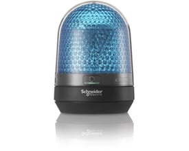 Schneider Electric XVR3 signallampe Ø100mm i blå, 230VAC, med LED lys og stødsikker gummi base på hvid baggrund.