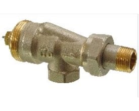 Siemens VUN210 radiatorventil i messing med omvendt vinkelløb og 3/8" NF-tilslutning, fremstillet til 2-strengs rørsystemer.