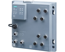 Siemens Scalance XP208 Ethernet/IP managed IE switch med otte M12 porte og LED-diagnose i grå plast.