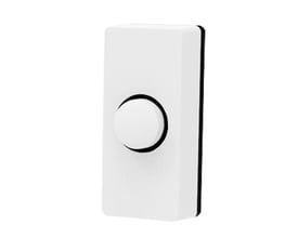 Fortrådet dørtryk i hvid plast med en rund, hvid trykknap centreret på forsiden.