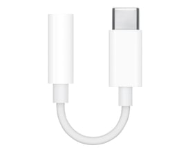 Apples hvide USB-C til 3,5 mm jack-adapter med en kabellængde på 0,10 meter, isoleret på hvid baggrund.