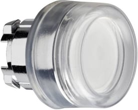 Schneider Electric lampetrykshoved i hvid plast med klar linse og et 22mm metalbeslag på bagsiden for nem montering.