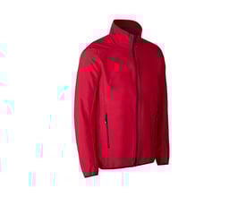 ID Identity rød softshell jakke i størrelse L, fremstillet i slidstærkt ID Tech® materiale med sort lynlås og lommer.