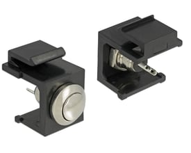 Delock Keystone push-button i sort plast med en blank, rund trykknap og metalkonnektorer på en hvid baggrund.
