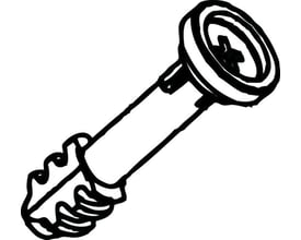 Skematisk tegning af en grå Fibox kærvskrue SS12136 med ribbet gevind og kærv i hovedet.