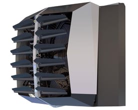 Thermonova KITA indedel med 13 kW varmeydelse, med synlige blæsere og mørkeblå lameller på en hvid baggrund.