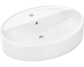 Top-view af en oval, hvid Hansgrohe Xuniva D håndvask i blank porcelæn med hanehul og overløb, isoleret på hvid baggrund.