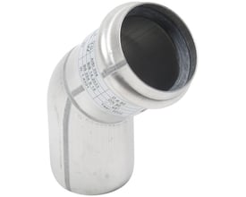 Blücher 40 mm bøjning i syrefast rustfrit stål med 45° vinkel, detaljeret visning af stålkvalitet og dimensioner på etiket.