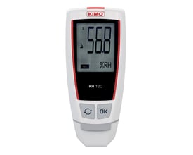 Elma Instruments Kimo Kistock KH-120 datalogger i hvid med røde detaljer, viser 56.8% RH og REC.
