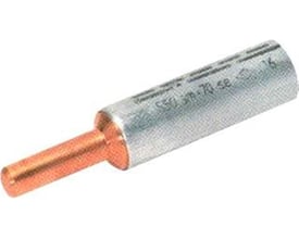 Nærbillede af Elpress bimetal pindbolt, viser detaljer på aluminium og kobber samt markeringer og produktinformation.