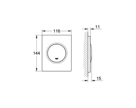 Teknisk tegning af Grohe Novo Cosmopolitan betjeningsplade til urinal, viser mål 116x144 mm og 11/15 mm dybde.