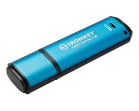 Kingston IKVP50 USB-flashdrev med 32 GB og 256-bit-kryptering, blå med sorte endestykker, set skråt.