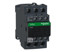 Schneider Electric TeSys D kontaktor, 3-polet, 25A med 48V DC spole, vist forfra med tydelig mærkning og terminaler.