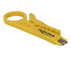 DeLock insertion tool og kabelstripper i gul plast med sort logo, der bruges til at strippe kabler og indsætte ledninger i stik.