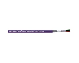 Lapp Unitronic Bus PB FD P 1X2X0,64 datakabel med violet kappe, flettet skærm og synlige ledere på hvid baggrund.