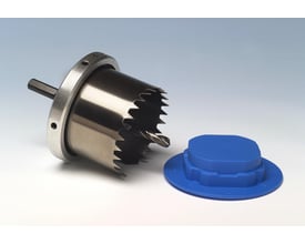 Thürmer hulsav til træ og gips, 84 mm, med metalcylinder, savtænder og blå holder.