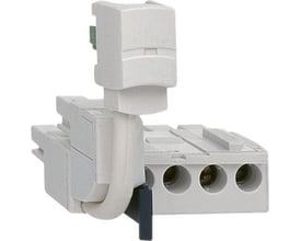 Schneider Electric LU2B klemmeblok til TeSys U motorstarter, viser den kompakte hvide enhed med tilslutningspunkter og en foldbar arm.