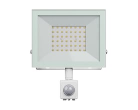 SpectrumLED 50 W LED-projektør med PIR-sensor i hvid, set forfra med LED-felt og sensor under lampen.