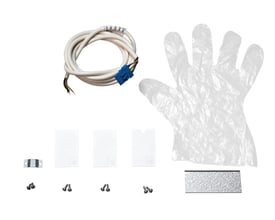 SG Armaturen Lineal Surface Start Kit DALI hvid, viser diverse tilbehør såsom kabel, monteringsbeslag, skruer og engangshandske.