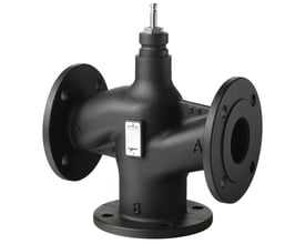 Siemens VXF43.150-400 3-vejs ventil med PN16 flange og DN150, fremstillet af sort støbejern og velegnet til -20 til 220°C.
