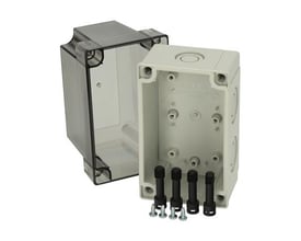 Fibox MNX PCM monteringskasse 130x80x125 mm i lys grå polycarbonat med gennemsigtigt låg og skruer.