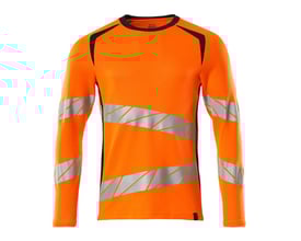 Mascot langærmet T-shirt i Hi-Vis orange og mørk marine med synlige reflekser over brystet og på ærmerne.