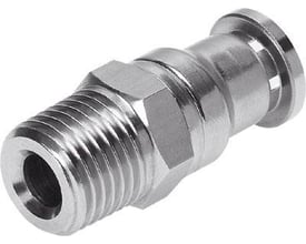 Festo lige forskruning CRQS-3/8-10 med udvendigt sekskantgevind og push-in fitting i metal.