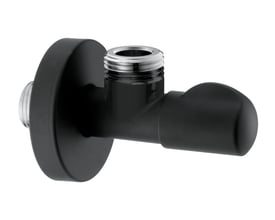 Stopventil i matsort finish med 1/2" rørgevind og 3/8" udløbstilslutning, præsenteret på hvid baggrund.