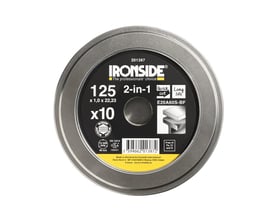 Rund metalemballage med mærkat til Ironside 2-in-1 skæreskive, 125 x 1,0 mm, til stål og rustfrit stål.