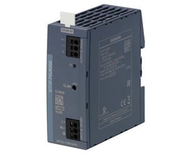 Siemens SITOP PSU6200 strømforsyning i mørkeblå med tydelig mærkning af input- og outputterminaler samt produktinformation.