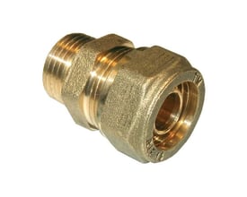 Tiemme Pex Overgangsnippel i messing, 16 mm x 1/2" med udvendigt gevind og kobling til pex-rør.