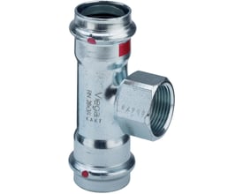 Viega Prestabo T-stykke i forzinket stål med 28mm pres-ender og 3/4" indvendigt gevind, SC-Contur mærkning tydelig.