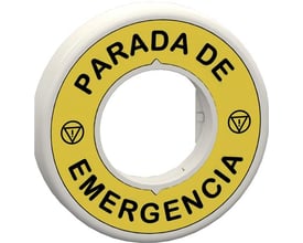 Schneider Electric nødstopskilt med "PARADA DE EMERGENCIA" tekst og advarselssymbol i gul og hvid med LED-belysning.